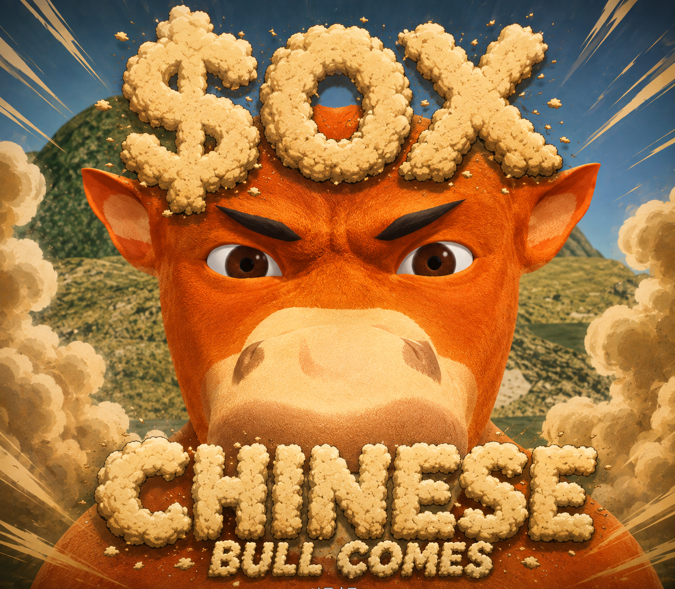 Angry orange Chinese bull mascot with the $OX Chinese Bull Comes logo